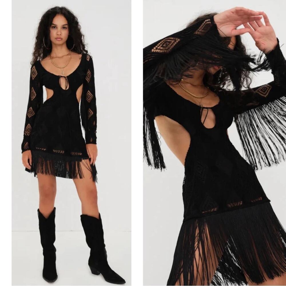 FOR LOVE & LEMONS Aubrey Crochet Fringe Long Sleeve Black Mini Dress Size Small